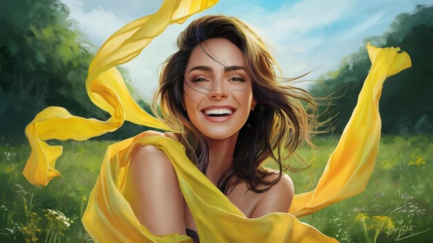 Portrait of joyful woman with yellow cloth in nature