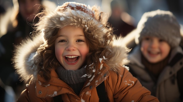 Photo portrait of a joyful young girl playfully running in the snow with her friends