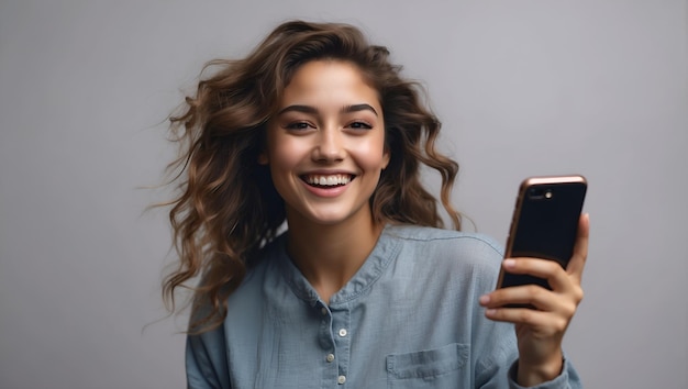 Портрет радостной молодой женщины с мобильным телефоном на простом фоне