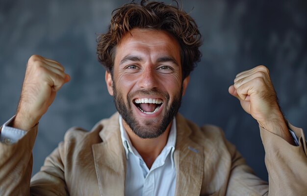 Photo portrait of jubilant businessman in beige suit rejoicing in triumphant achievement