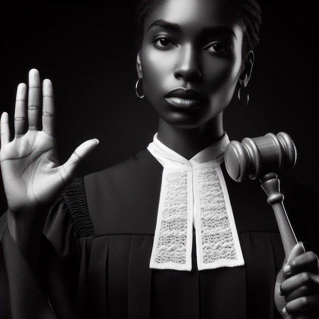 Photo portrait of a judge with a hammer on black background
