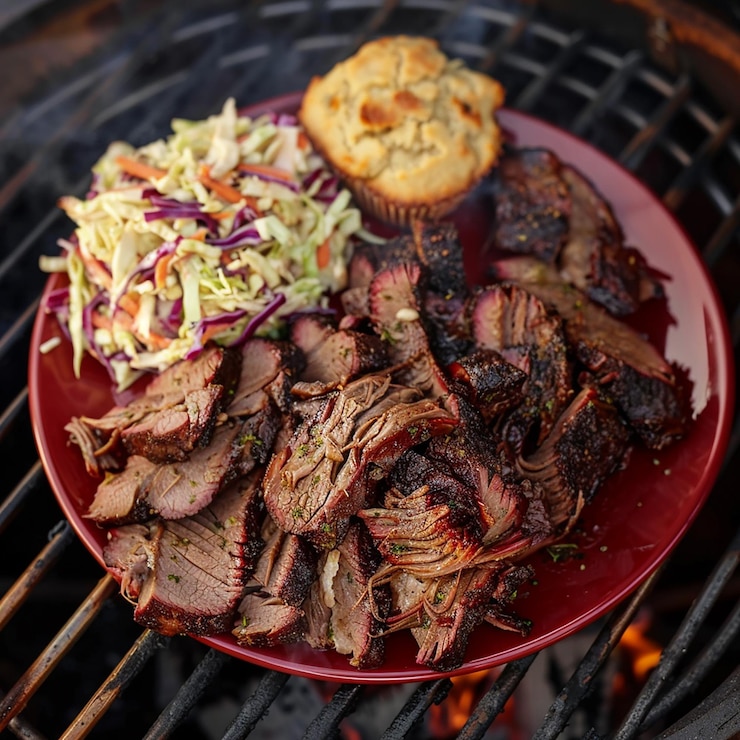 Photo portrait of juicy sliced brisket on a red plate