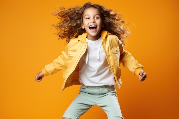 Portrait of jumping teenage girl on color yellow background