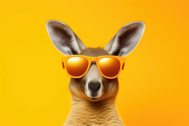 Portrait kangaroo with sunglasses orange background