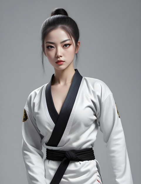 Portrait of a karate girl with black belt on gray background