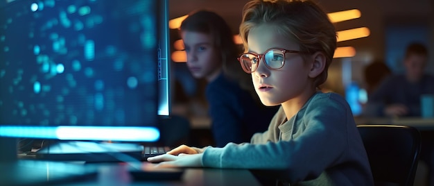 portrait Kid boy learn to code with soft blurred friend in a computer lab