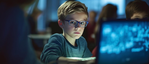 portrait Kid boy learn to code with soft blurred friend in a computer lab