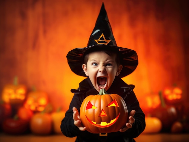 Portrait of kid boy scream in witch halloween costume wear witches hat hold pumpkin Jack O Lanterns