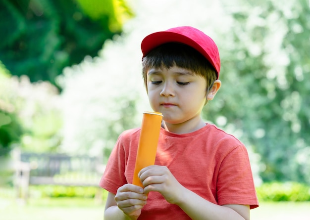 Portrait kid eating ice lolly with blurry nature background