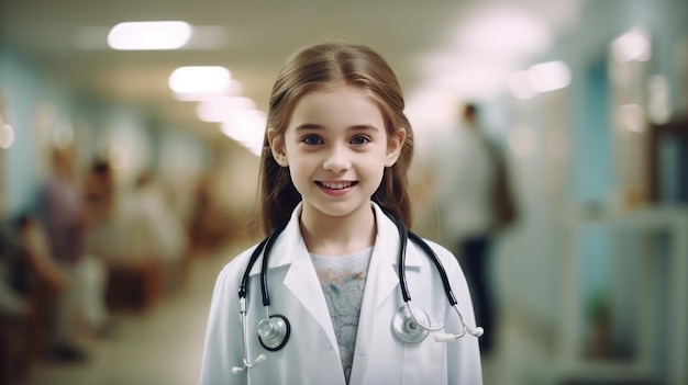Portrait of a kid girl as doctor in hospital generative AI