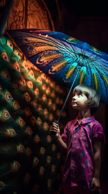Foto ritratto di un bambino che tiene un ombrello colorato