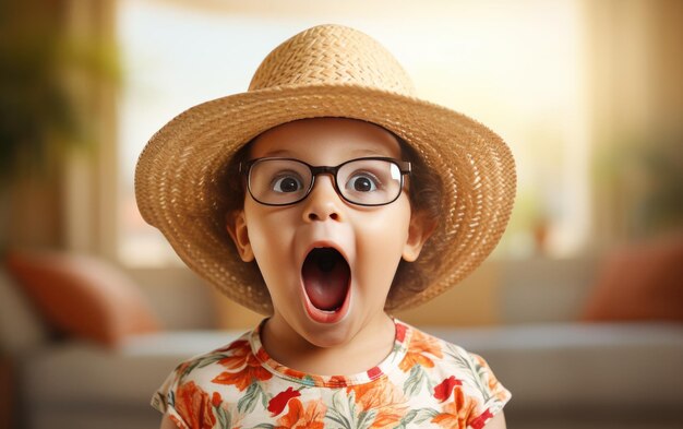 Photo portrait of kid in solid color clothing wearing hat and opening mouth laughing and excited