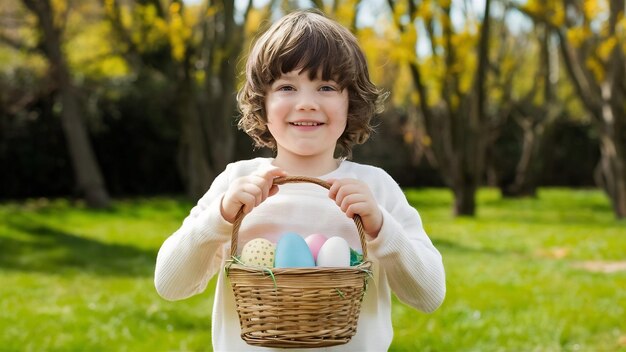 Photo portrait of kid with easter busket with eggs outdoor