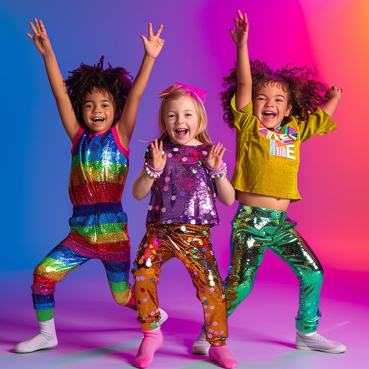 Photo portrait of kids at disco fever dance party