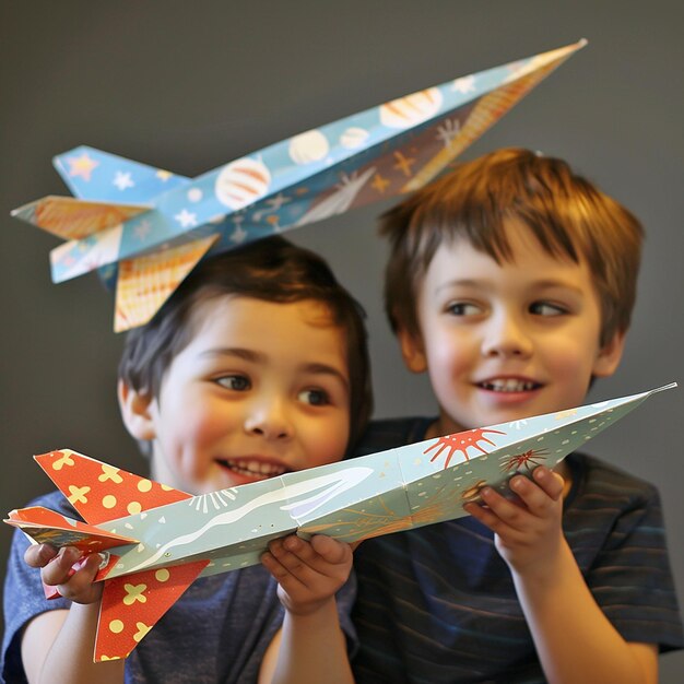 Photo portrait of kids on a diy paper airplane adventure