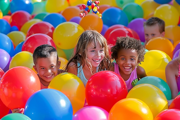 Photo portrait of kids in energetic balloon play