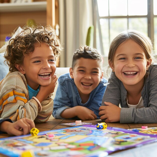 Photo portrait of kids exciting board game play game night thrills