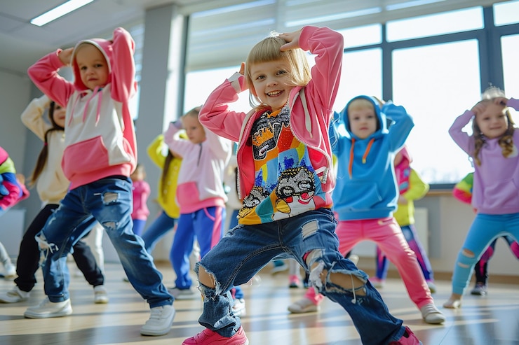Photo portrait of kids grooving at dance mania party