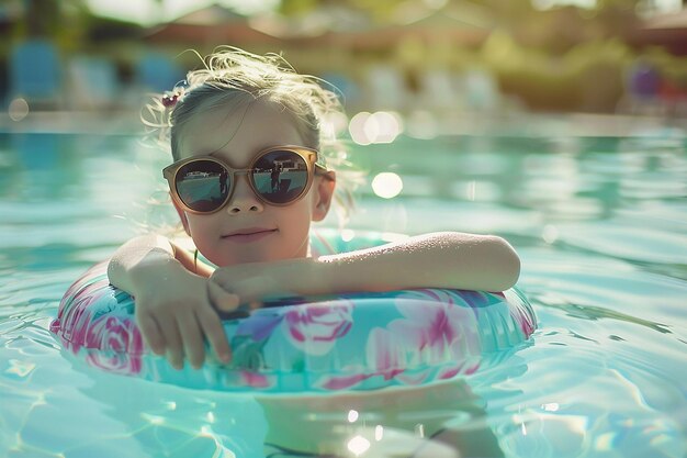 Photo portrait of kids having splashy summer fun at poolside paradise