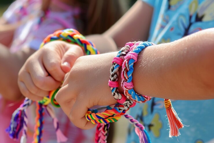 Photo portrait of kids making friendship bracelets at sleepover