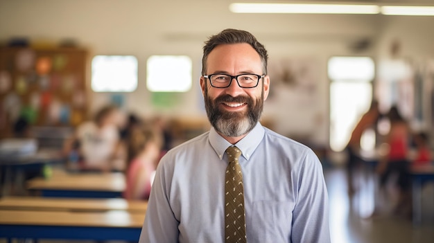 Портрет доброго мужского учителя в классе с легкой искренней улыбкой