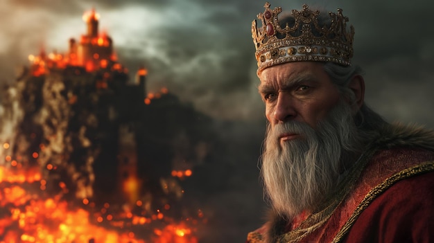 Portrait of King against background of burning castle on cliff City on fire medieval castle captured and burned by enemies Battle for Kingdom