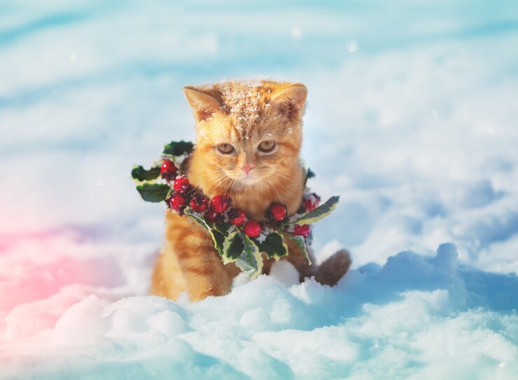 Фотография портрет котенка в рождественском венке. кошка сидит на снегу зимой