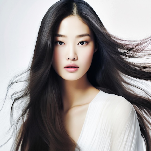 portrait of a Korean girl with long hair on a white background Generative AI