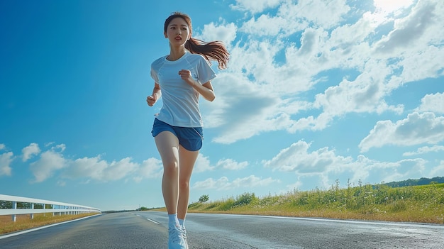 Portrait of a korean woman jogging in summer road sweating face and copy space generative ai