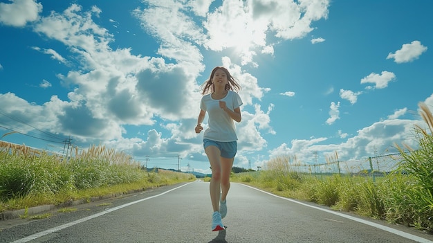 Portrait of a korean woman jogging in summer road sweating face and copy space generative ai