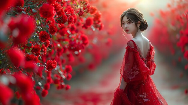 Portrait of a korean woman in red gown in red rose garden generative ai