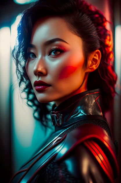 가죽 재킷과 네온 색상을 가진 한국 여성의 초상화. 사이버펑크 패션 스타일. 생성 AI