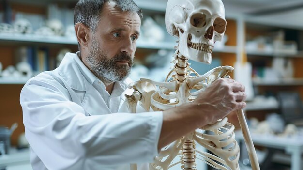 Photo portrait of a lab professor examining skeleton in lab with a blurry backdrop and a big space for text or product generative ai