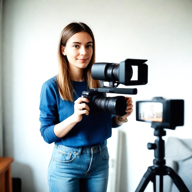 Portrait of a lady blogger recording video at home