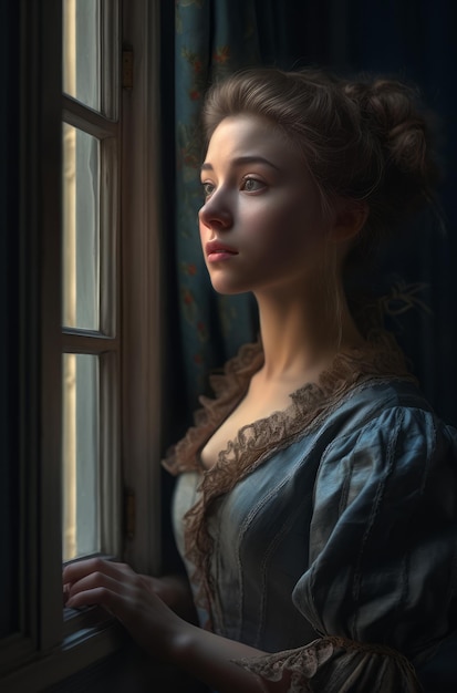 A portrait of a lady looking out of a window.