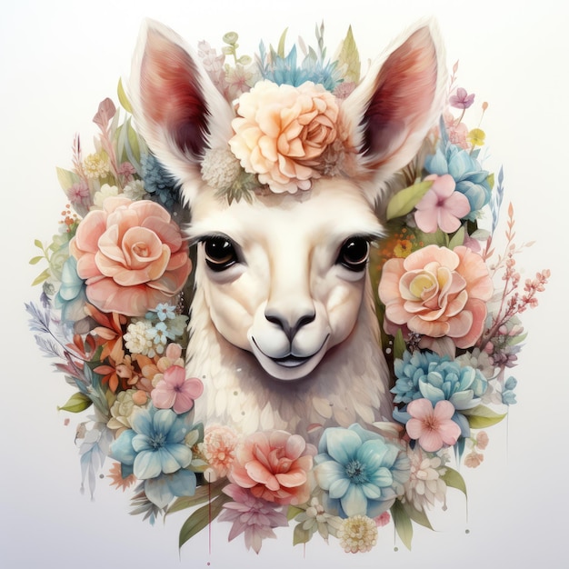 Portrait of a lama in a flower wreath Watercolor illustration Generative AI