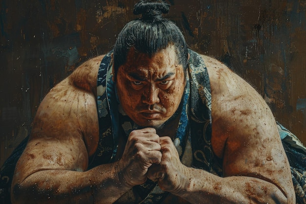 Portrait of a large fat athlete sumo wrestler on a dark background Traditional Japanese sport