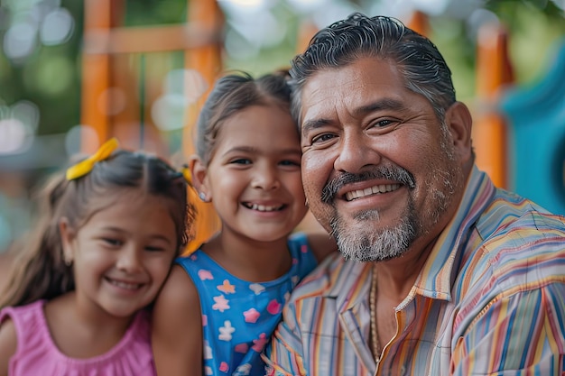 Портрет латинского отца и дочерей на открытом воздухе в летний день Генеративный ИИ