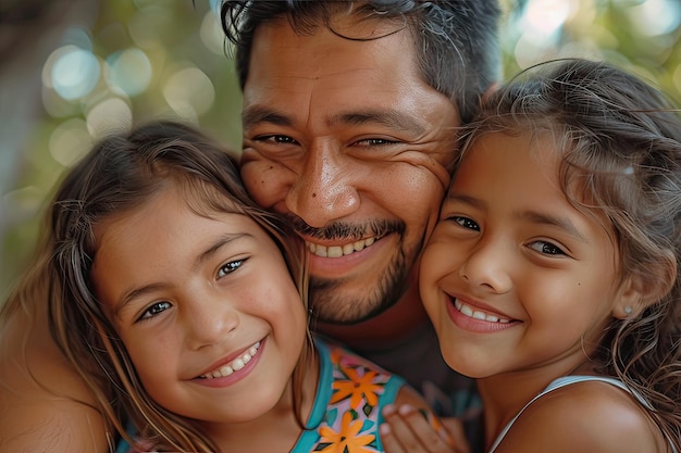 Foto ritratto di padre latino e figlie all'aperto in una giornata estiva ai generativa