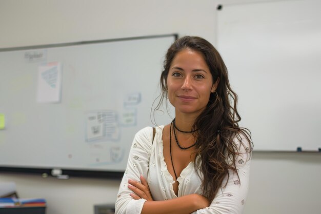 Portrait of latin teacher posing looking at camera in class whiteboard background Generative AI