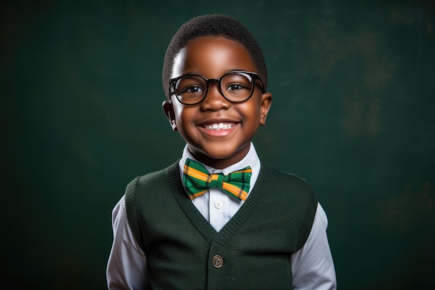 Portrait of a laughing African schoolboy boy with glasses on the background of a blackboard