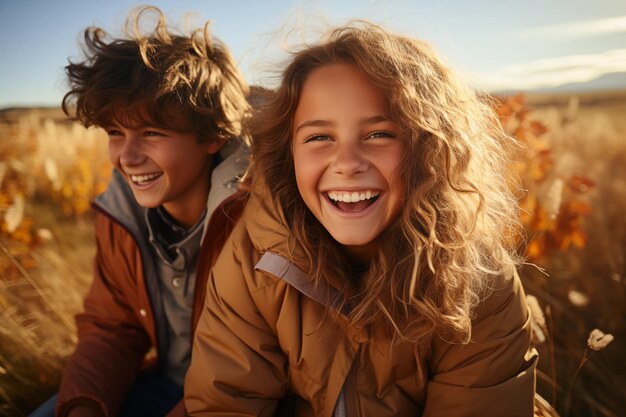 portrait of laughing brother and sister in outdoor