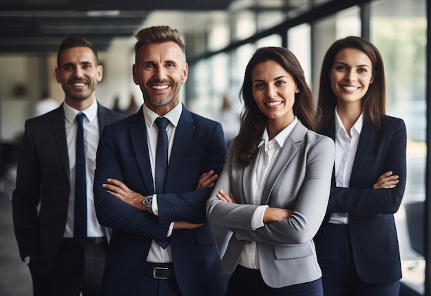 Portrait of laughing business team standing in office