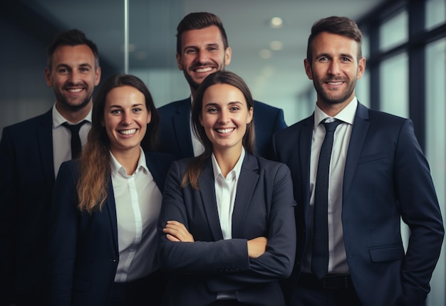 Photo portrait of laughing business team standing in office