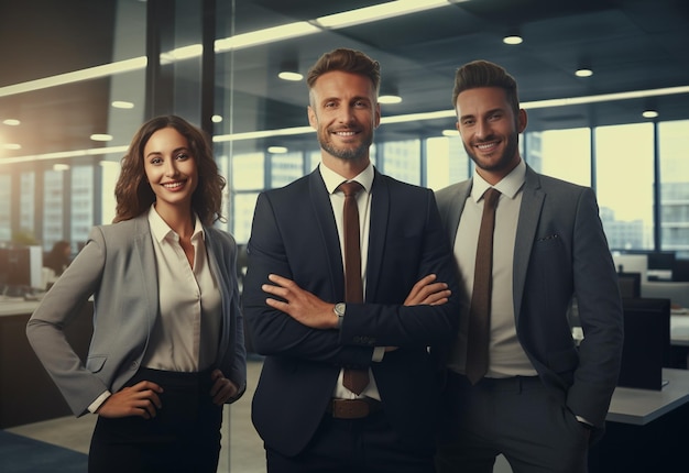 Photo portrait of laughing business team standing in office