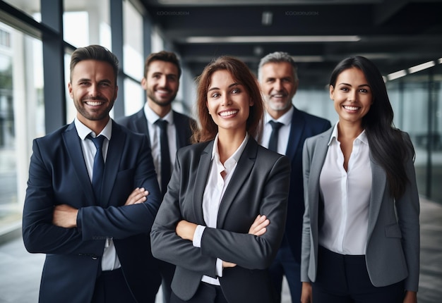 Portrait of laughing business team standing in office