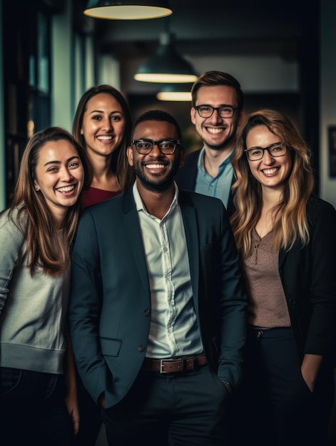 Portrait of laughing bussines team standing in office room