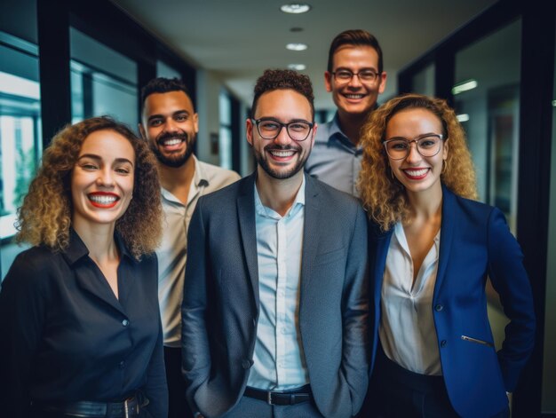 Portrait of laughing bussines team standing in office room