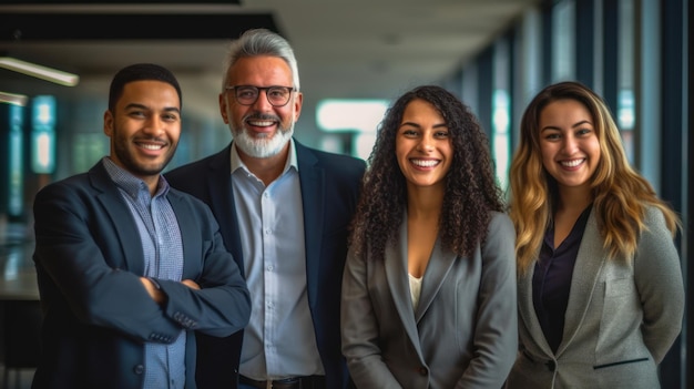 Portrait of laughing bussines team standing in office room