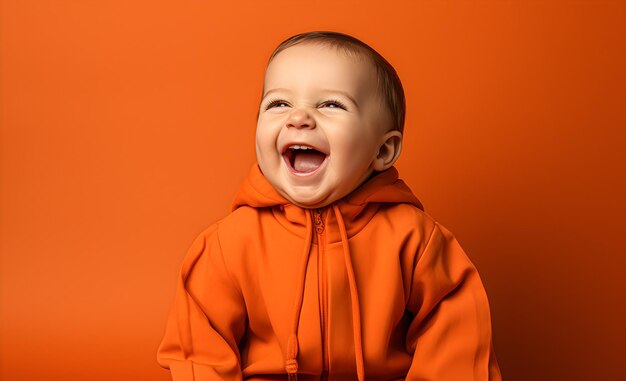 Portrait of a laughing child in orang clothing on an orange background